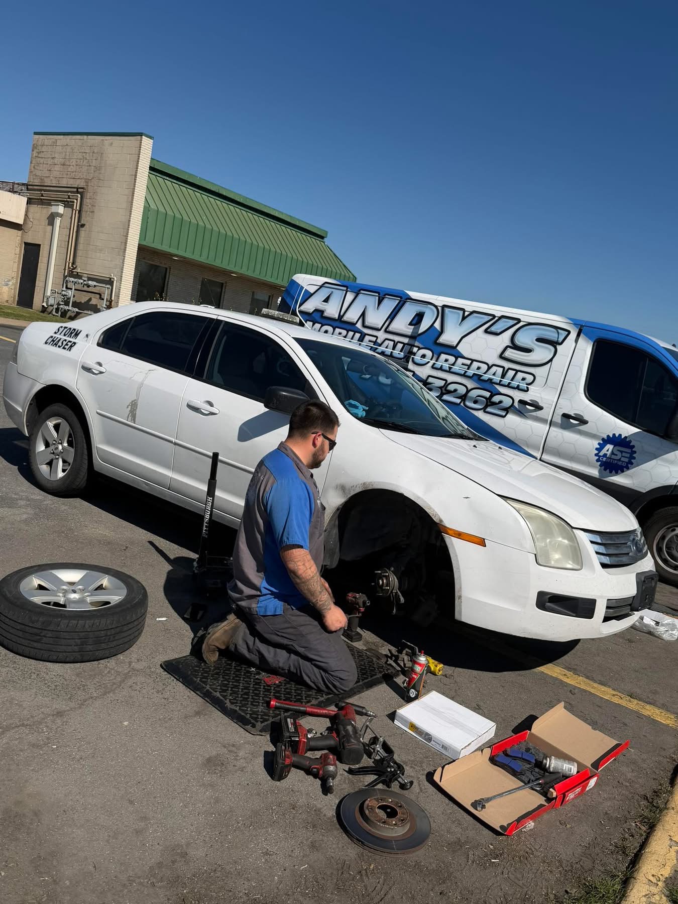 Mobile brake repair on a white car
